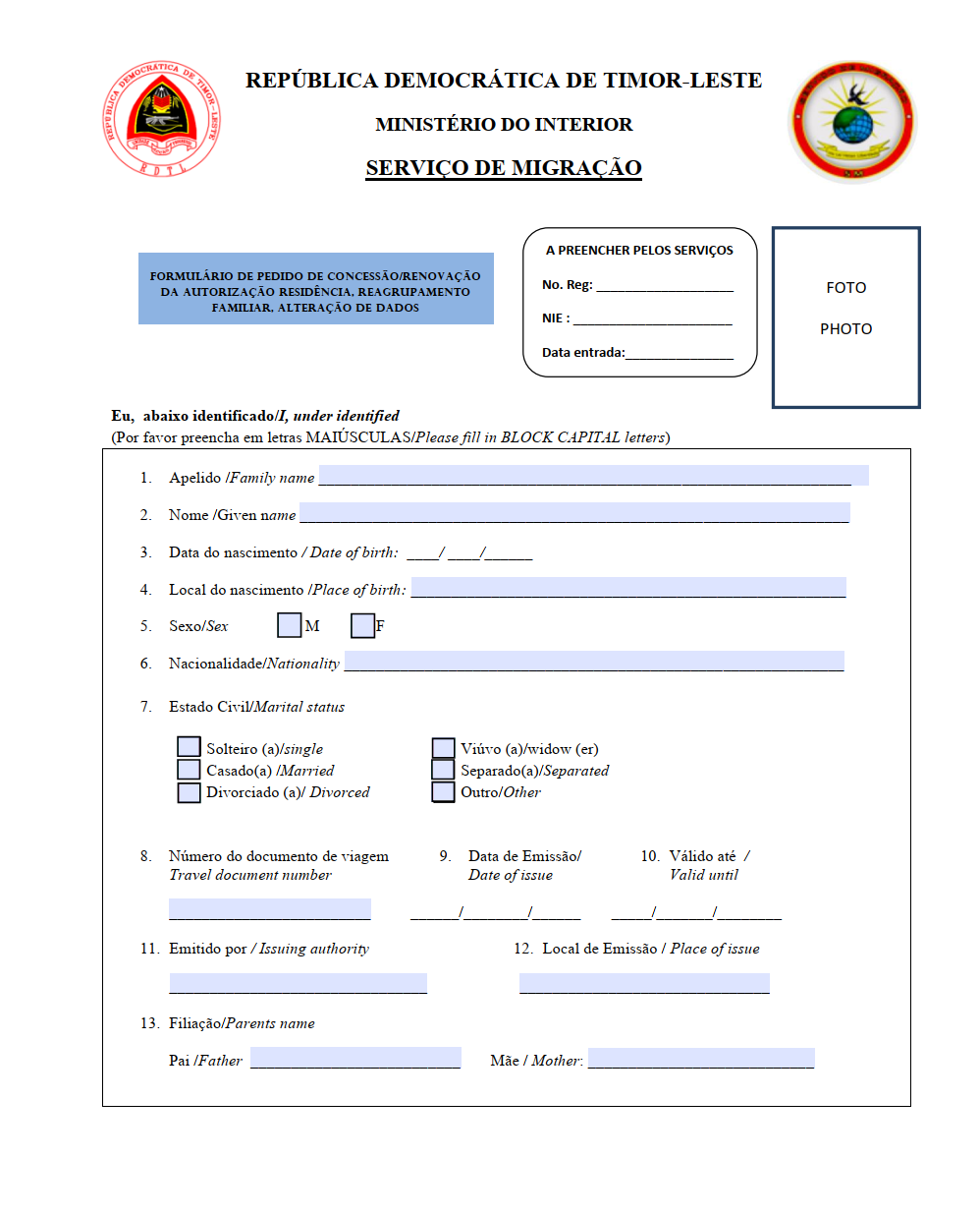 Resident Permit Application Form Immigration Service Of Timor Leste